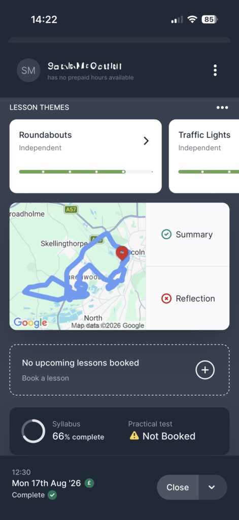 Driving lessons app for tracking your progress